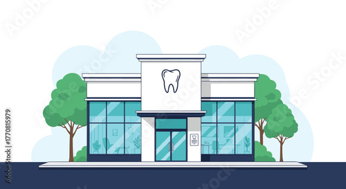 Modern, inviting dental clinic building with a prominent tooth logo, large glass windows, and a clean, professional storefront.