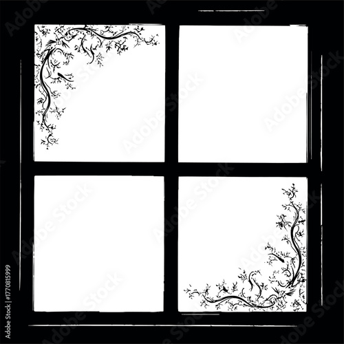 Black framed four pane window with delicate leafy vine growing on the edges