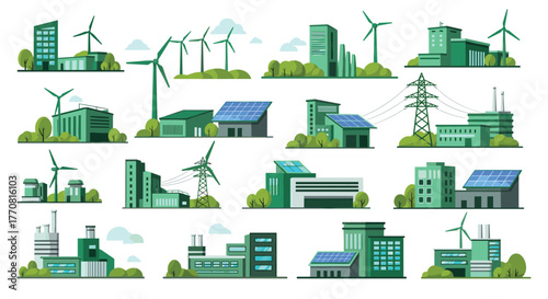 Various industrial facilities, energy production sites, and power infrastructure, including wind farms, solar panels, and traditional factories.