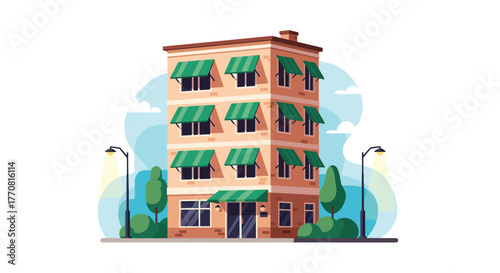 Flat design illustration of a charming multi-story building featuring green awnings, streetlights, and lush landscaping.