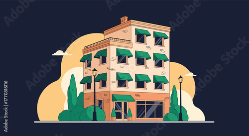 An illustrated urban scene featuring a charming multi-story building with green awnings, surrounded by trees and streetlights under a stylized sunset.