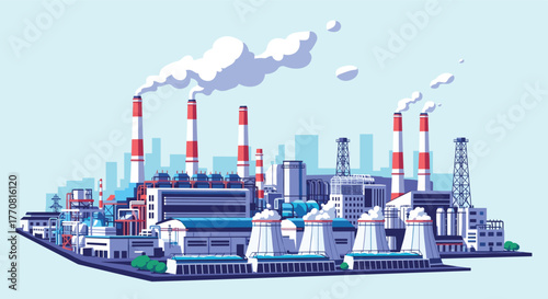 A detailed vector illustration of a large industrial power plant with tall smokestacks emitting steam and numerous cooling towers.