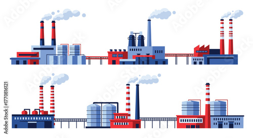 Flat design vector illustration showing various industrial plants and factories with smoking chimneys, storage tanks, and interconnected structures.