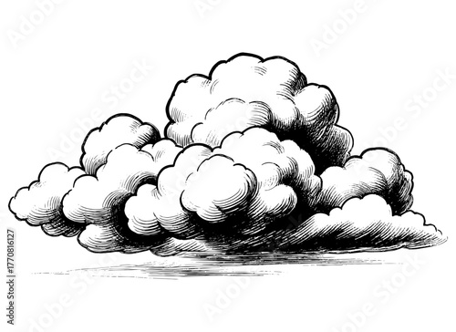 Vintage Cloud Engraving, Detailed Black and White Line Art of Cumulus Cloud, Classic Etching Illustration Isolated on Transparent Background
