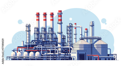 Vector illustration of a modern industrial complex, showcasing a refinery or chemical plant with tall chimneys, storage tanks, and a network of pipes.