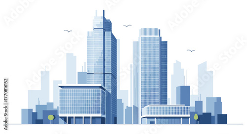 Modern city skyline with tall glass skyscrapers and office buildings, illustrating urban life and development.
