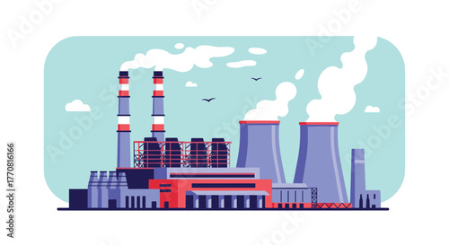 An industrial power plant with multiple smokestacks emitting smoke and large cooling towers releasing steam under a light blue sky.