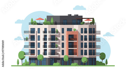 Modern multi-story apartment building with balconies and a rooftop garden, surrounded by lush green trees and shrubs, in a contemporary flat design illustration.