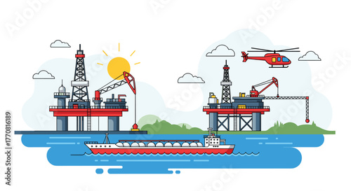 Offshore oil and gas industry illustration showing drilling platforms, an oil tanker, and a helicopter.