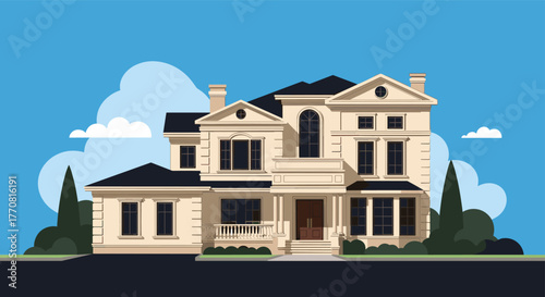 An elegant vector illustration of a luxurious two-story house with traditional architecture, intricate details, and lush landscaping under a bright blue sky.