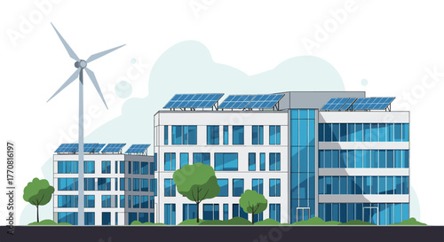 Modern city buildings powered by renewable energy sources, featuring solar panels on rooftops and a prominent wind turbine.