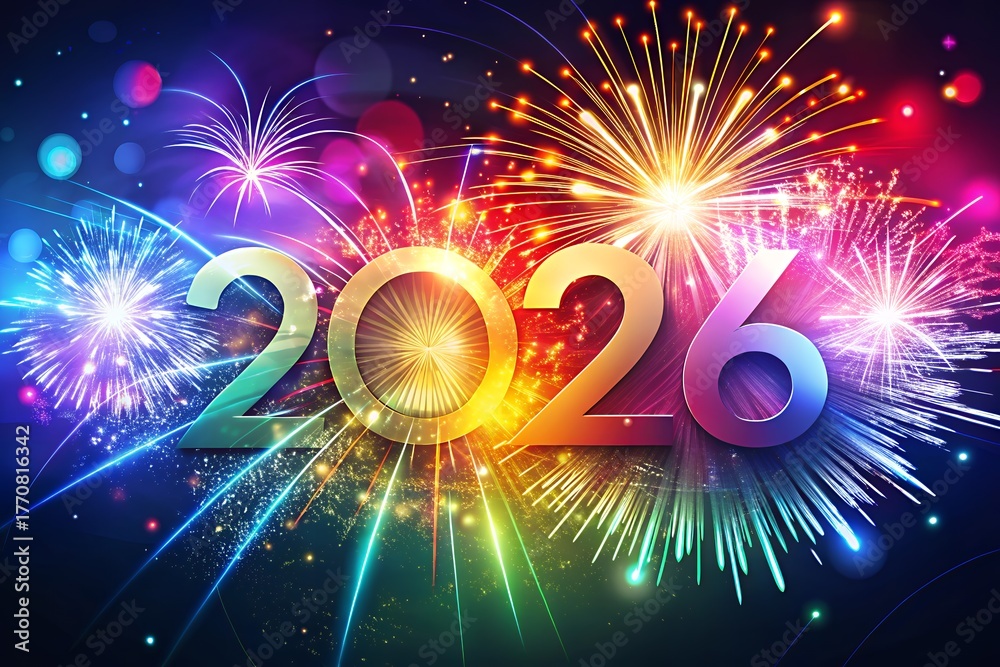 Fototapeta premium Vibrant new year 2026 fireworks display illuminates the night sky
