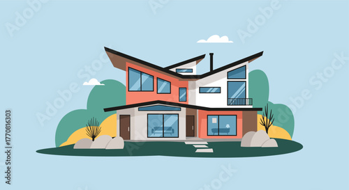 Modern architect-designed house with flat rooflines and large windows, surrounded by green landscaping under a blue sky.