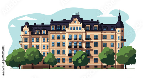 Elegant classical European apartment building with balconies and green trees in a vibrant urban setting.