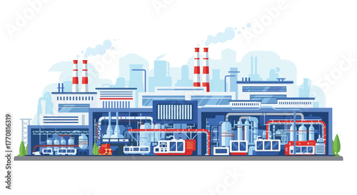 Modern industrial factory production process building with internal machinery and technology visible, manufacturing facility in an urban setting.