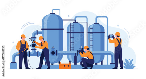 Team of industrial maintenance workers performing equipment checks and repairs in a factory or processing plant environment.