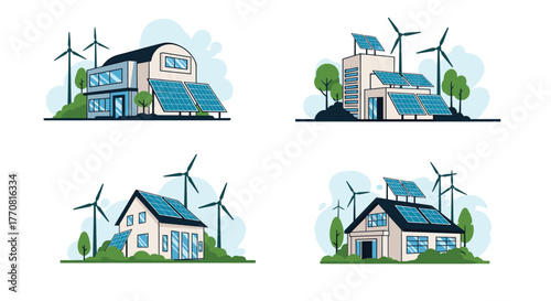 Modern homes utilizing renewable energy sources like solar panels and wind turbines, illustrating sustainable and eco-friendly living.
