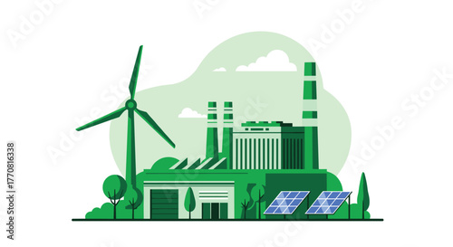 Sustainable industrial complex integrating renewable energy sources like wind and solar power for a greener future.