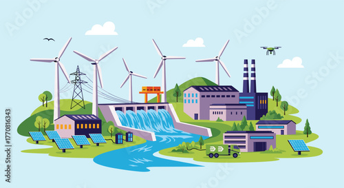 Illustrative scene of clean energy generation, including wind turbines, solar panels, and a hydroelectric dam, supplying power to industrial complexes.