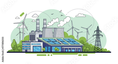 An illustration of a hybrid energy landscape featuring industrial power plants, wind turbines, and solar panels connected to an electrical grid.