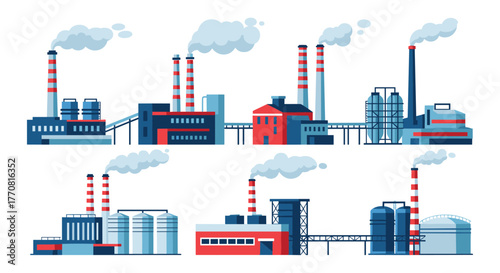 A collection of colorful vector illustrations showcasing various industrial factory buildings with smoking chimneys and storage tanks.