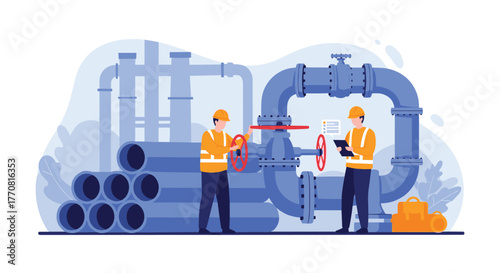 Two professional engineers in safety gear performing maintenance and inspection on a large industrial pipeline system.