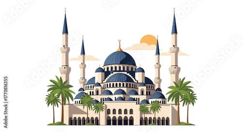 A vibrant vector illustration of a grand mosque with multiple blue domes and six towering minarets, set against a bright sky with palm trees.