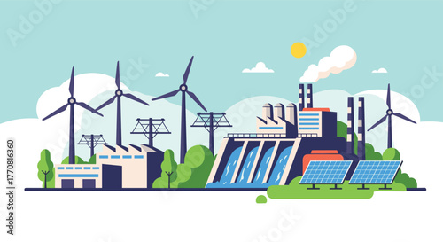 Diverse energy landscape showcasing various power generation methods, from clean renewable sources like wind, hydro, and solar to traditional industrial facilities.