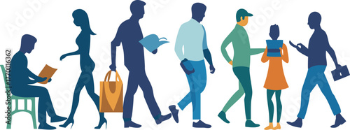 Diverse group of people in silhouette walking and reading with colorful clothing accents