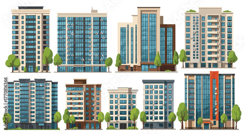 Modern apartment buildings collection, showcasing diverse residential architecture with high-rise and mid-rise structures, balconies, and green trees.