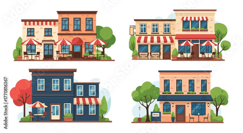 A collection of charming illustrated street-side cafes and shops with awnings, outdoor seating, and lush greenery, depicting a vibrant urban scene.