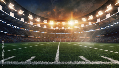 Wide-Angle View from the Center of an Empty Football Stadium at Sunset.