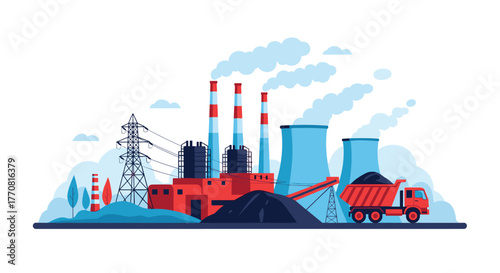 A flat design illustration of a coal-fired power plant with smokestacks, cooling towers, a power line, and a truck carrying coal.