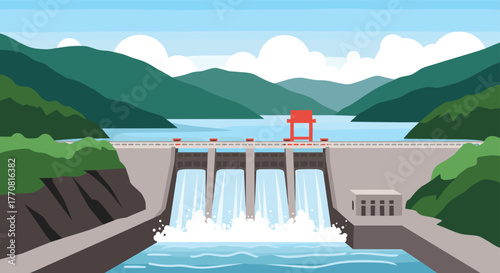 A large hydroelectric dam releasing water through its spillways, set against a backdrop of green mountains and a clear sky.