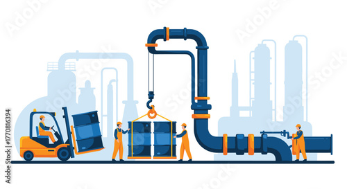 Workers in a modern industrial setting managing petroleum products with heavy machinery and extensive pipeline systems, illustrating energy sector operations.