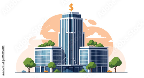 A modern financial institution building with a prominent dollar sign on its skyscraper roof, surrounded by green spaces and urban activity.