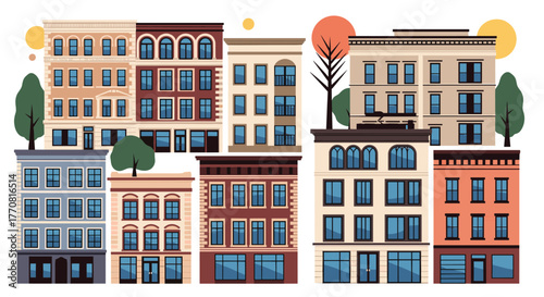 A vibrant collection of diverse city buildings featuring various architectural styles, trees, and abstract suns, depicting an urban neighborhood.