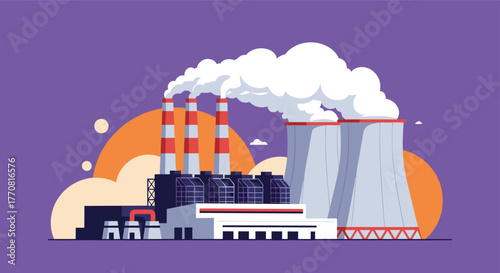 An illustrative depiction of an industrial power plant with multiple smoke stacks emitting steam and large cooling towers under a purple sky.