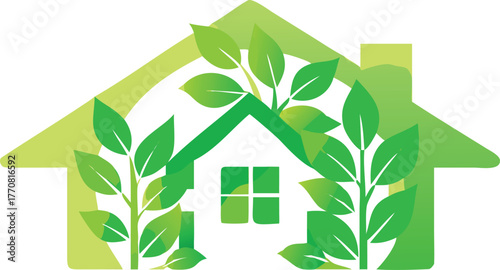 House Silhouette with Green Leaves and Vines on White Background home building
