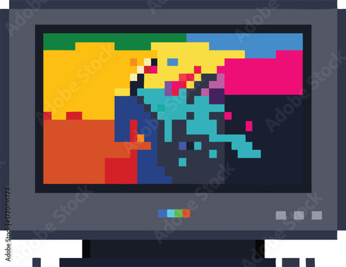 Pixelated television screen displaying colorful abstract blocks and lines with a retro feel