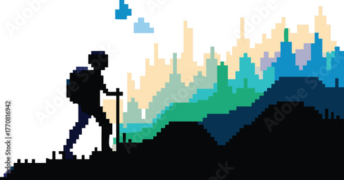 Pixelated Silhouette of Hiker Ascending a Mountain with Colorful Abstract Background