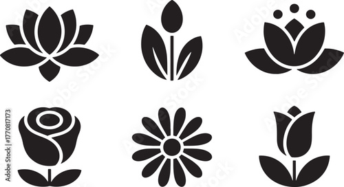 Six black silhouette flower icons including lotus rose daisy and tulip black and white