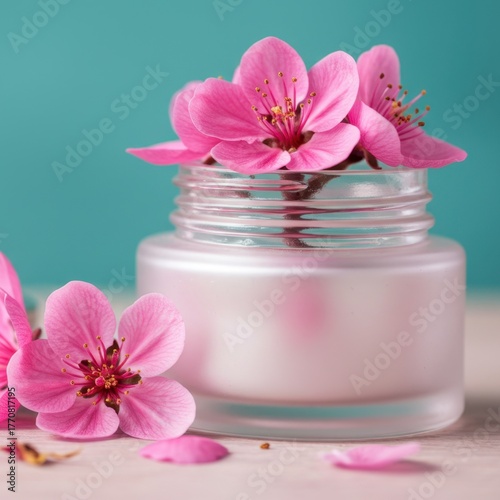 Skincare jar with cherry blossoms symbolizing delicate beauty aesthetic