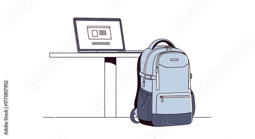 Modern backpack and open laptop on a sleek desk representing remote work and digital nomad lifestyle readiness