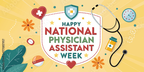 Happy National Physician Assistant Week Banner – Stethoscope and Medical Icons Design Celebrating Healthcare Professionals, Doctors, and PAs Appreciation in October Healthcare Event