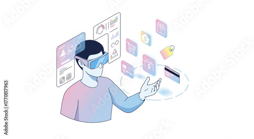 Immersive virtual reality shopping experience with digital interfaces, credit cards, and shopping icons symbolizing online commerce innovation.