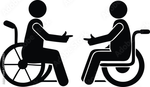 Two Stick Figures in Wheelchairs Pointing at Each Other with Black and White Style Keywords: wheelchair, disability, accessibility, mobility, inclusion, pointing, gesture, interaction