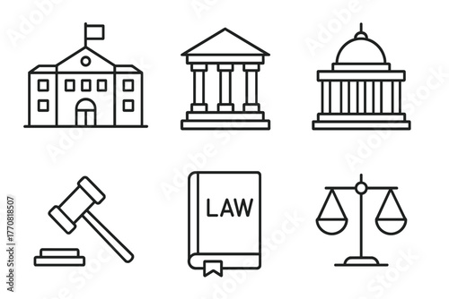 Legal symbols including courthouse, gavel, law book, and scales of justice represent the justice system clearly and simply