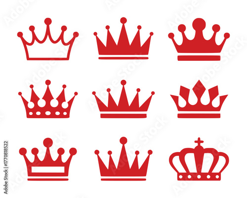 Collection of Red Royal Crowns on White Background