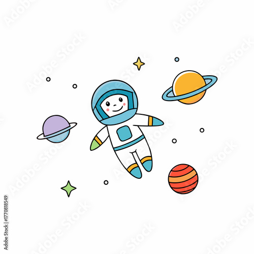 Cute cartoon astronaut floating among planets and stars silhouette isolated on white background